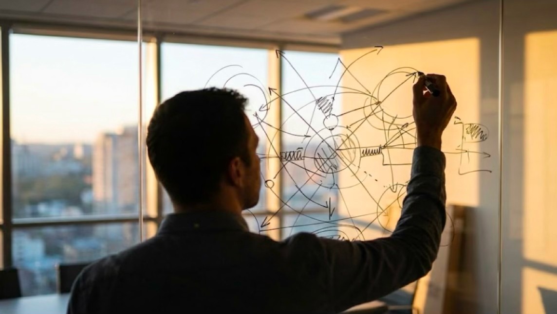 Person at a glass wall sketching an intricate, non-linear mind map. Warm sunset light focuses on the complex, interconnected patterns.