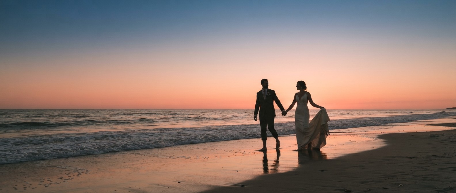 A couple walking barefoot along the shoreline at sunset