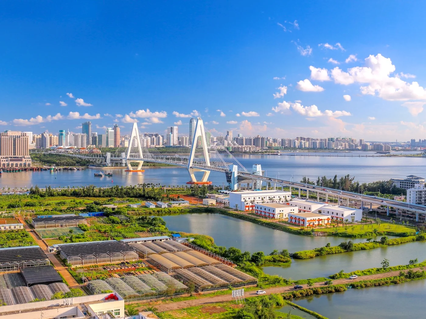 Haikou coastal bridge skyline sunny day
