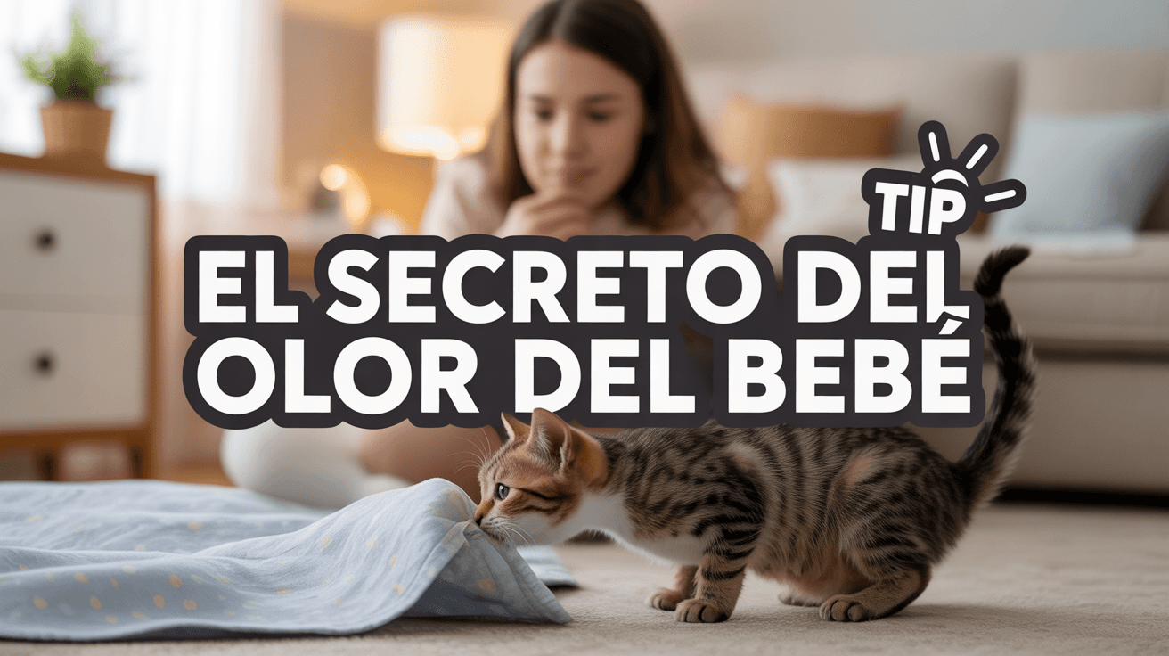 Curious cat sniffing baby blanket in cozy home with El secreto del olor del bebé text