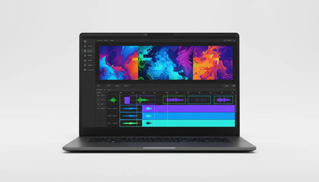 Product photography of a sleek, dark grey professional laptop, centered against a clean white background. Soft studio lighting highlights the matte metallic chassis. Displayed on the screen is the UI of a futuristic video editing software in a sophisticated dark mode. The interface features a left sidebar with minimalist tool icons, a central preview window showing colorful abstract graphics with glitch effects and marble textures, and a complex multi-track timeline at the bottom with vibrant blue, purple, and cyan clips and a visible audio waveform. The UI elements have rounded corners and abstracted text placeholders.