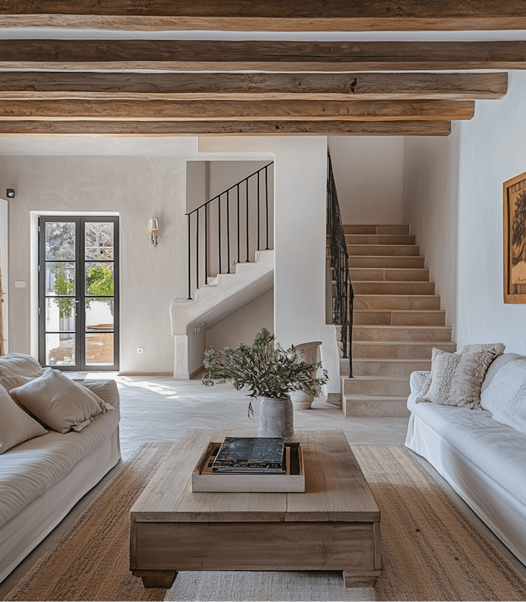 Elegant two-story foyer with curved staircase, neutral tones, modern artwork, gray sectional sofa, and potted greenery