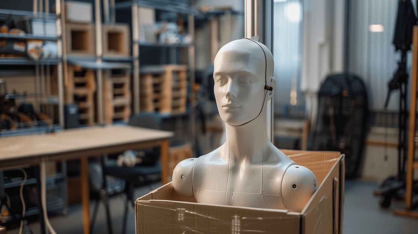 Maniquie saliendo de una caja. creativosatomicos.com