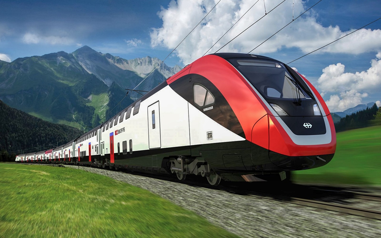 Train traveling from Zurich Airport to Zurich Central with mountains in the background.