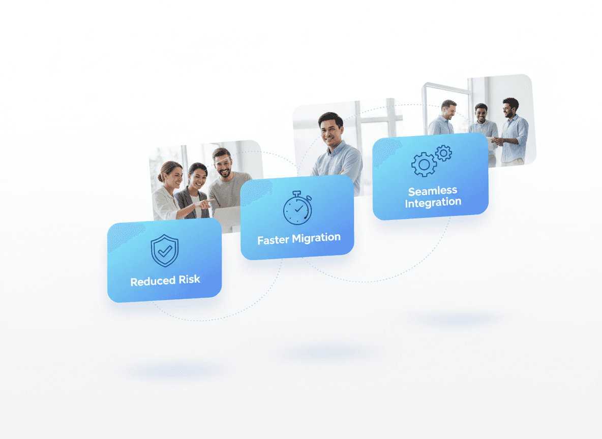 “Professional SaaS team collaborating with floating cards showing reduced risk, faster migration, and seamless integration for enterprise modernization services.”