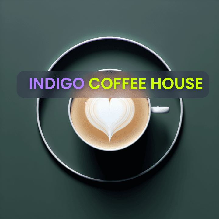 A 3D coffee cup  with a froth heart shape and a text that says “INDIGO COFFEE HOUSE” over a blurry rounded rectangular area