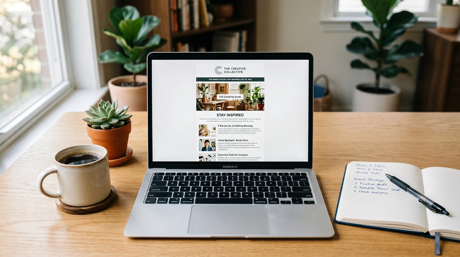 Professional home office setup showing email newsletter on laptop representing mediareach digital content strategy and engagement