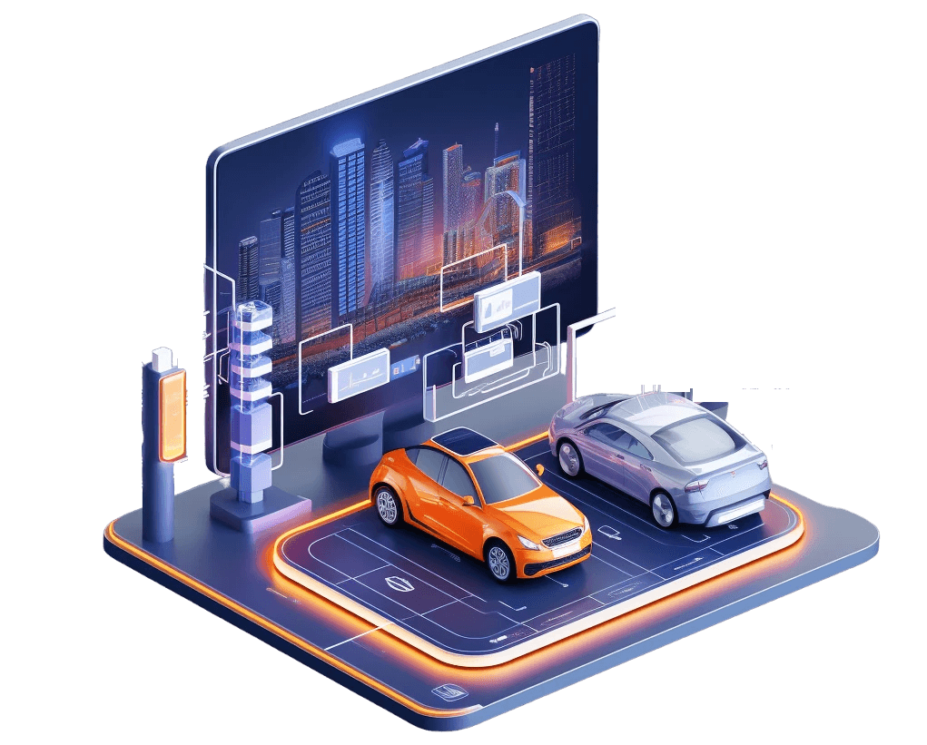 - Two electric cars, one electric vehicle charger and one large computer screen with dashboard with analytics for project execution.