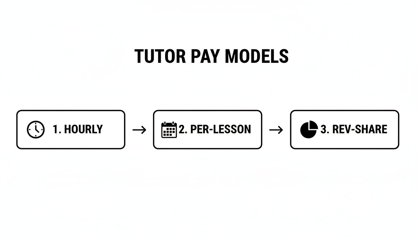 A diagram illustrating three tutor pay models: hourly, per-lesson, and revenue share.