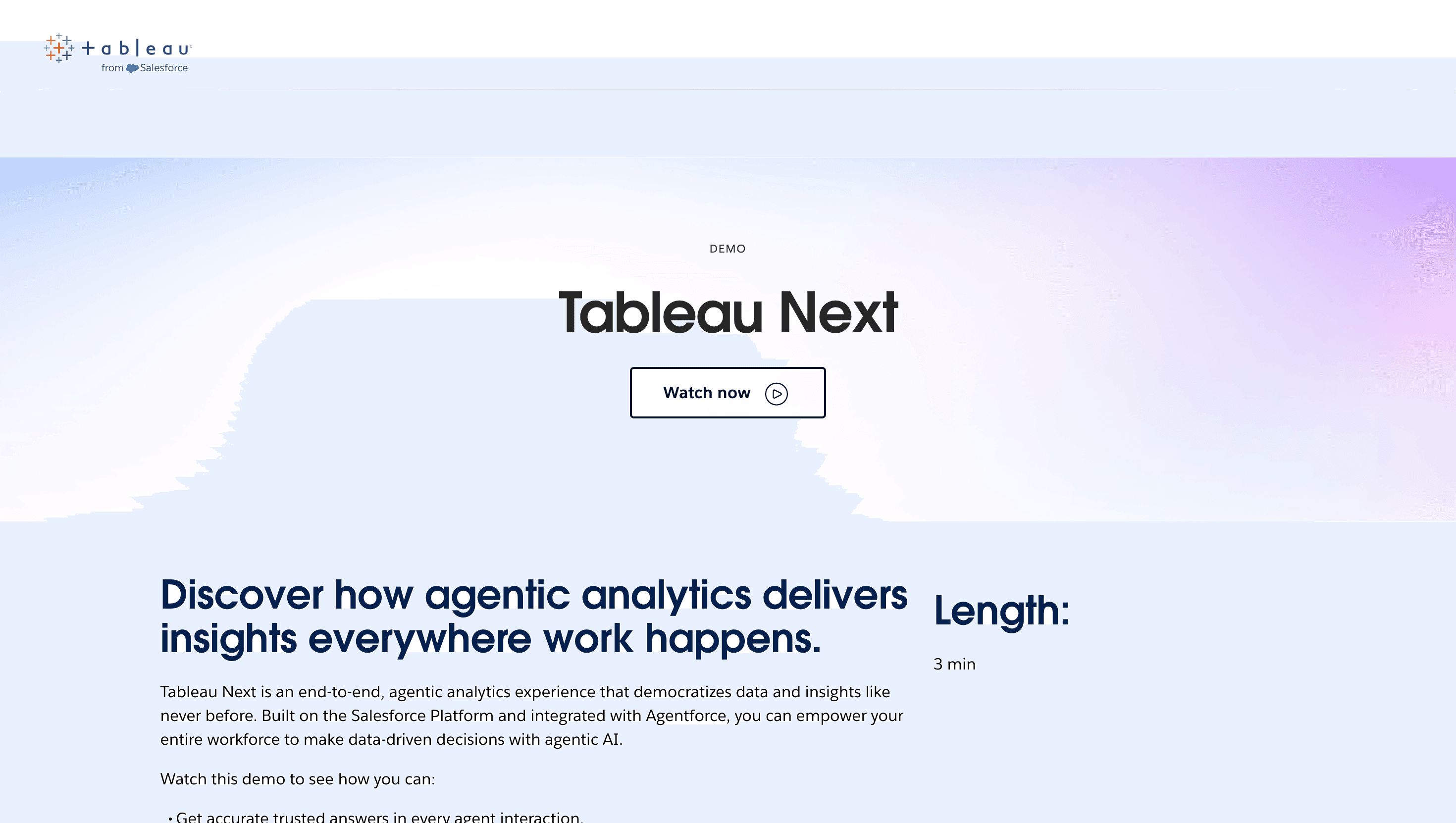 Tableau Next analytics platform demo page showcasing agentic analytics and AI-driven data insights.