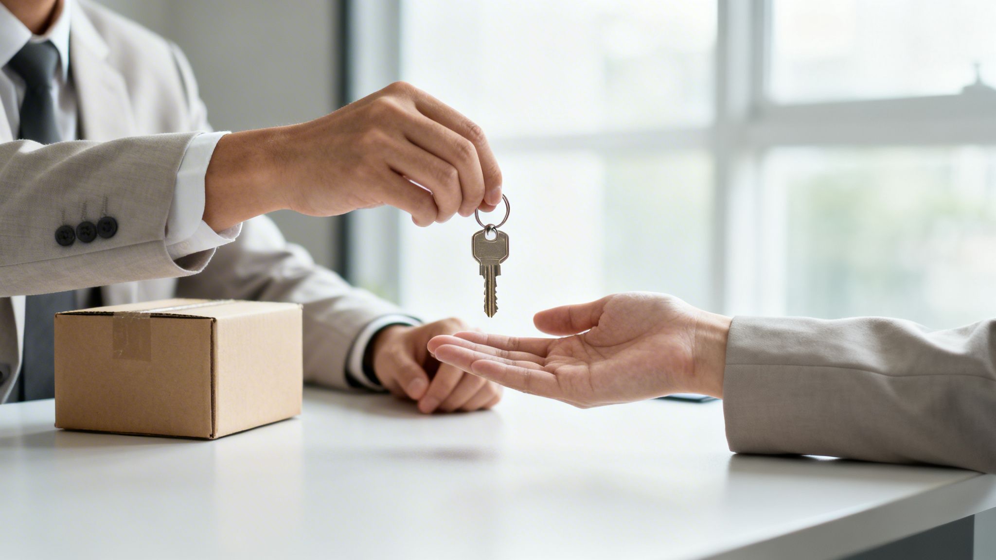 En person i kostym överlämnar en nyckel till en annan persons öppna hand, med en kartong på bordet.