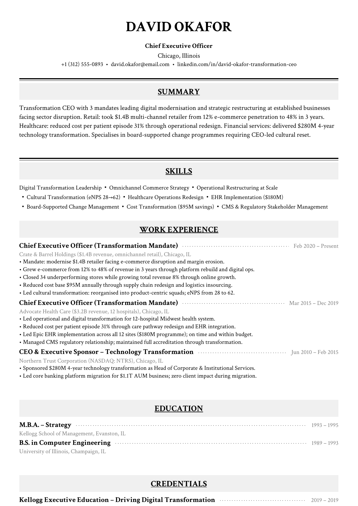 Transformation CEO resume example