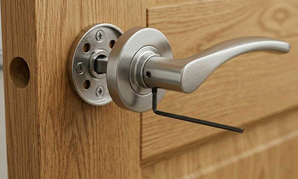 Türdrücker aus gebürstetem Edelstahl wird mit Inbusschlüssel an Holztür montiert