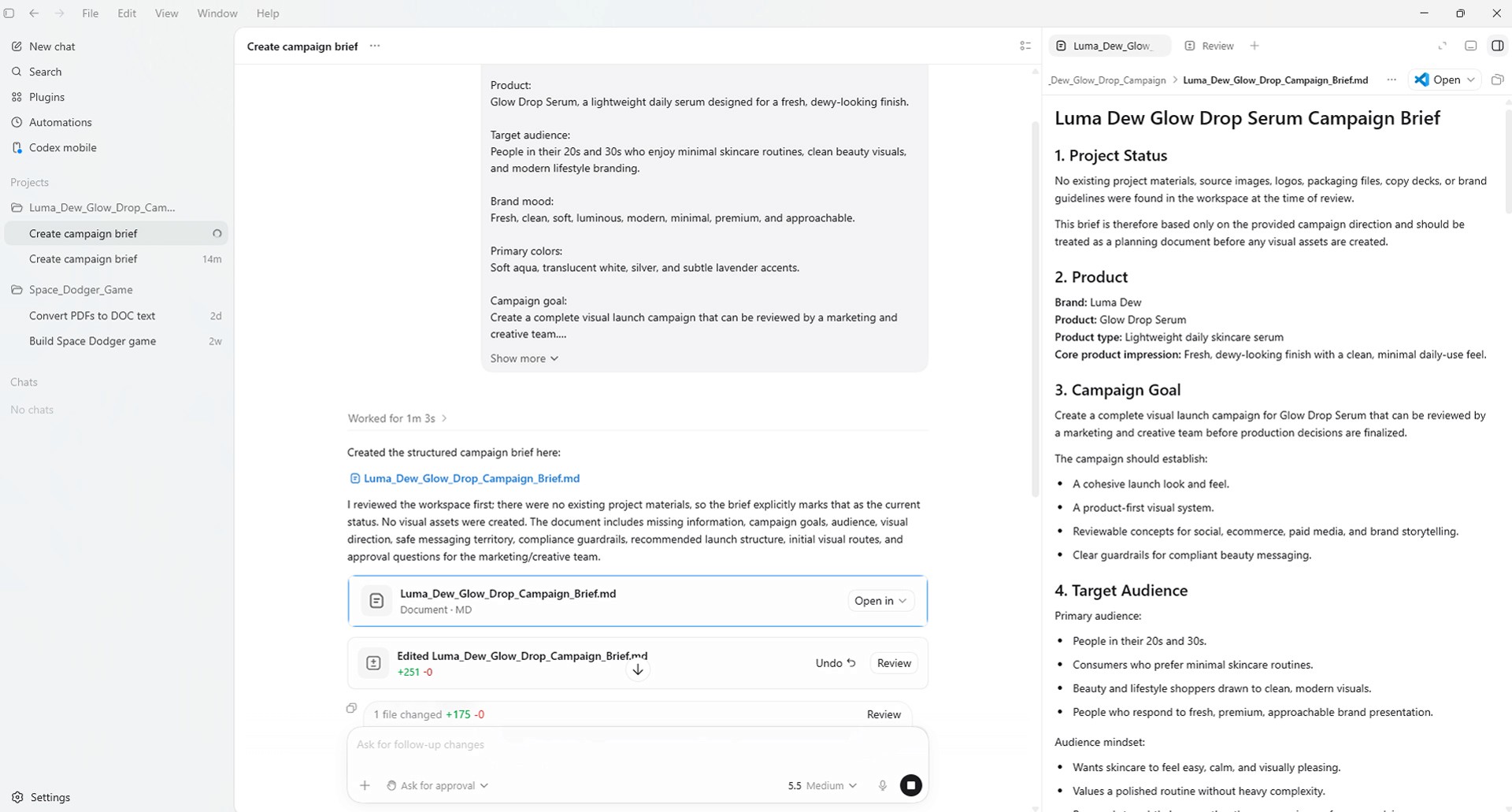 Image caption: Give Codex the available brand materials and ask the Creative Production plugin to organize them into a structured campaign brief.