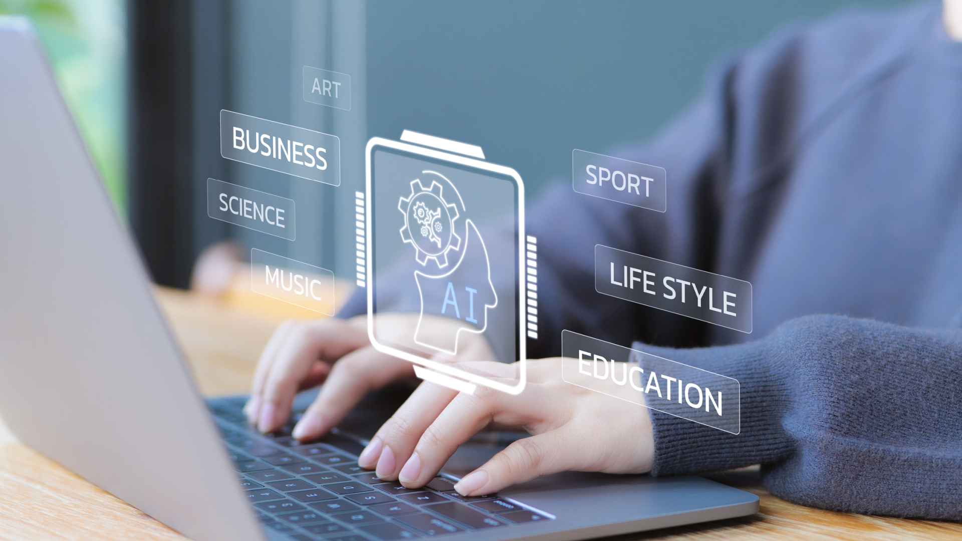 AI-enhanced learning environment showing a student using a laptop with intelligent dashboards, data analytics, and personalized digital education tools.