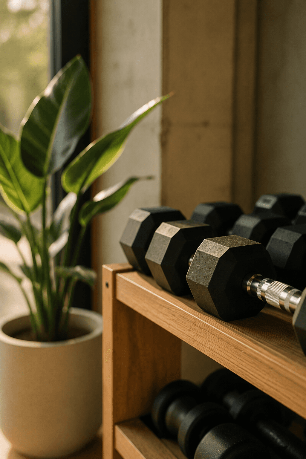 Dumbbells on a wooden rack