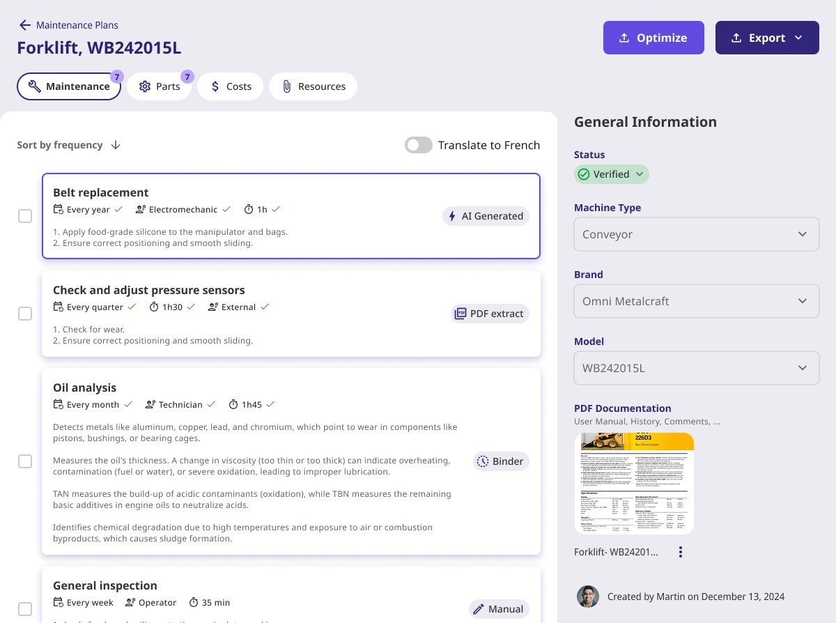 Binder software generating customized maintenance plans, predicting next interventions, detailing what to do, which equipment to service, and how, using equipment user guides and operational data.