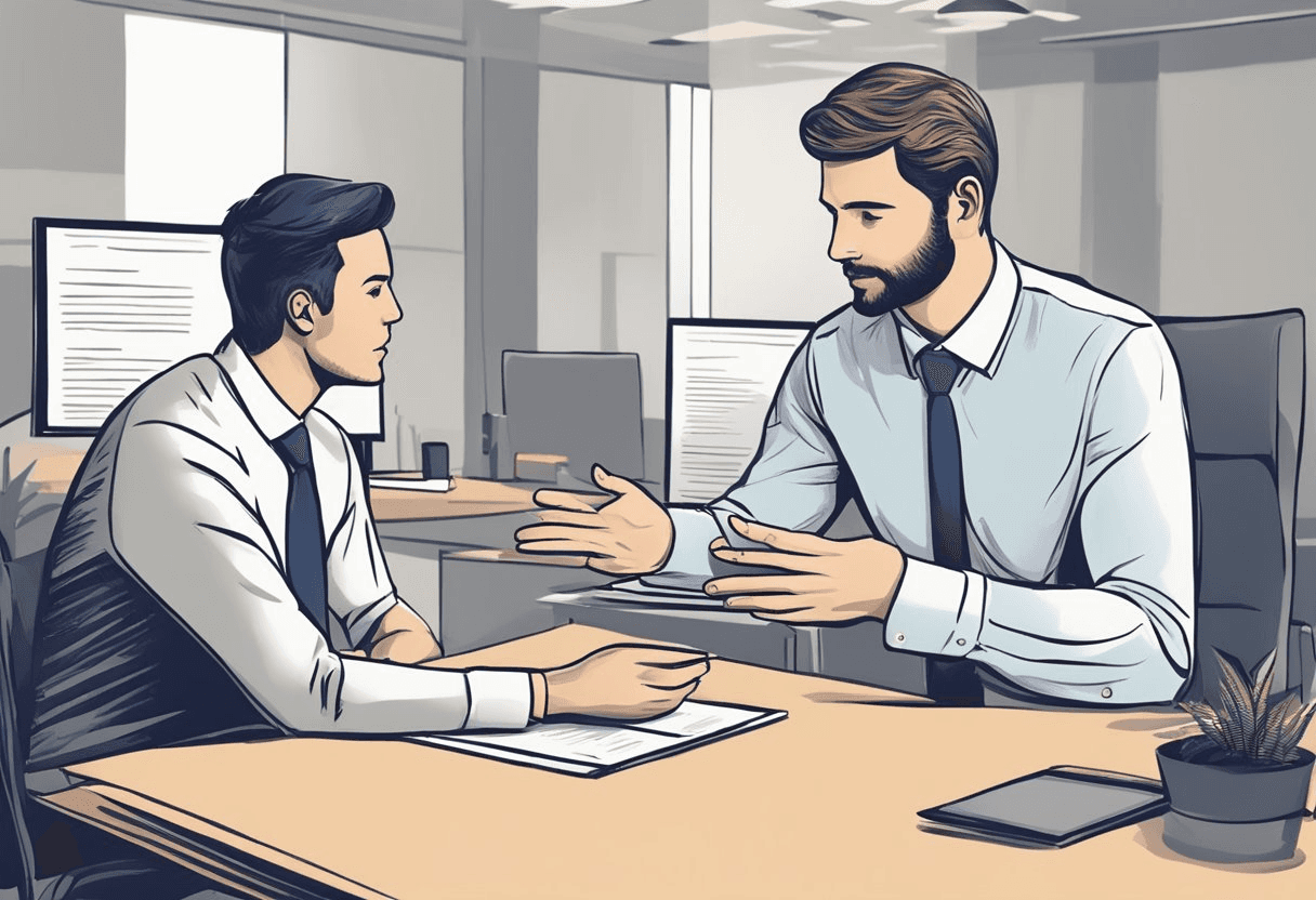 A hiring manager giving constructive feedback to a candidate in a professional setting, using specific examples to illustrate their points