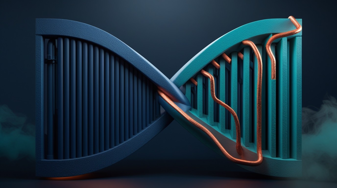 Abstract 3D bowtie structure with geometric and organic halves converging at a glowing center point in navy and teal tones