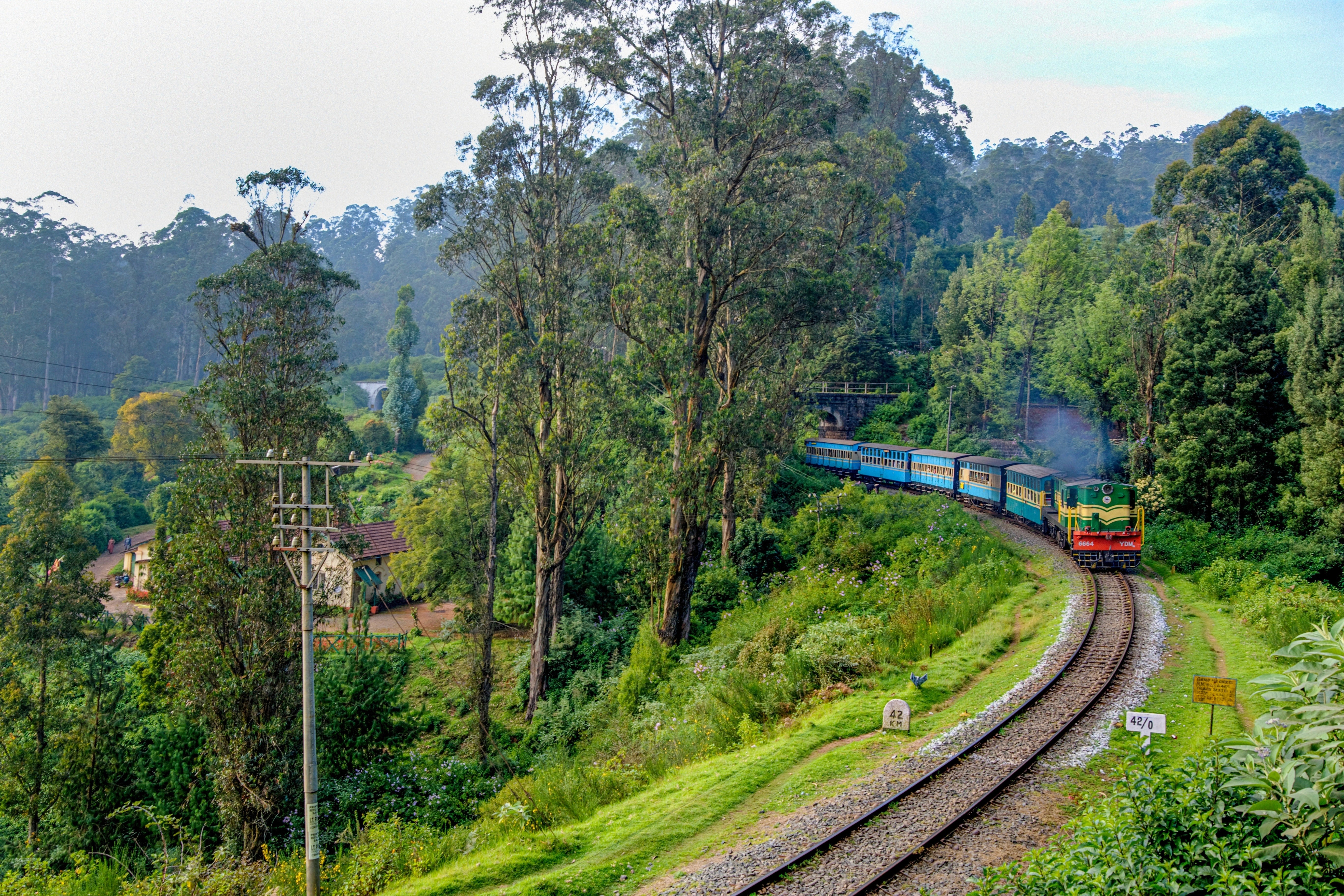 A colorful train rounds a bend on a forested ridge of the Nilgiri Hills.