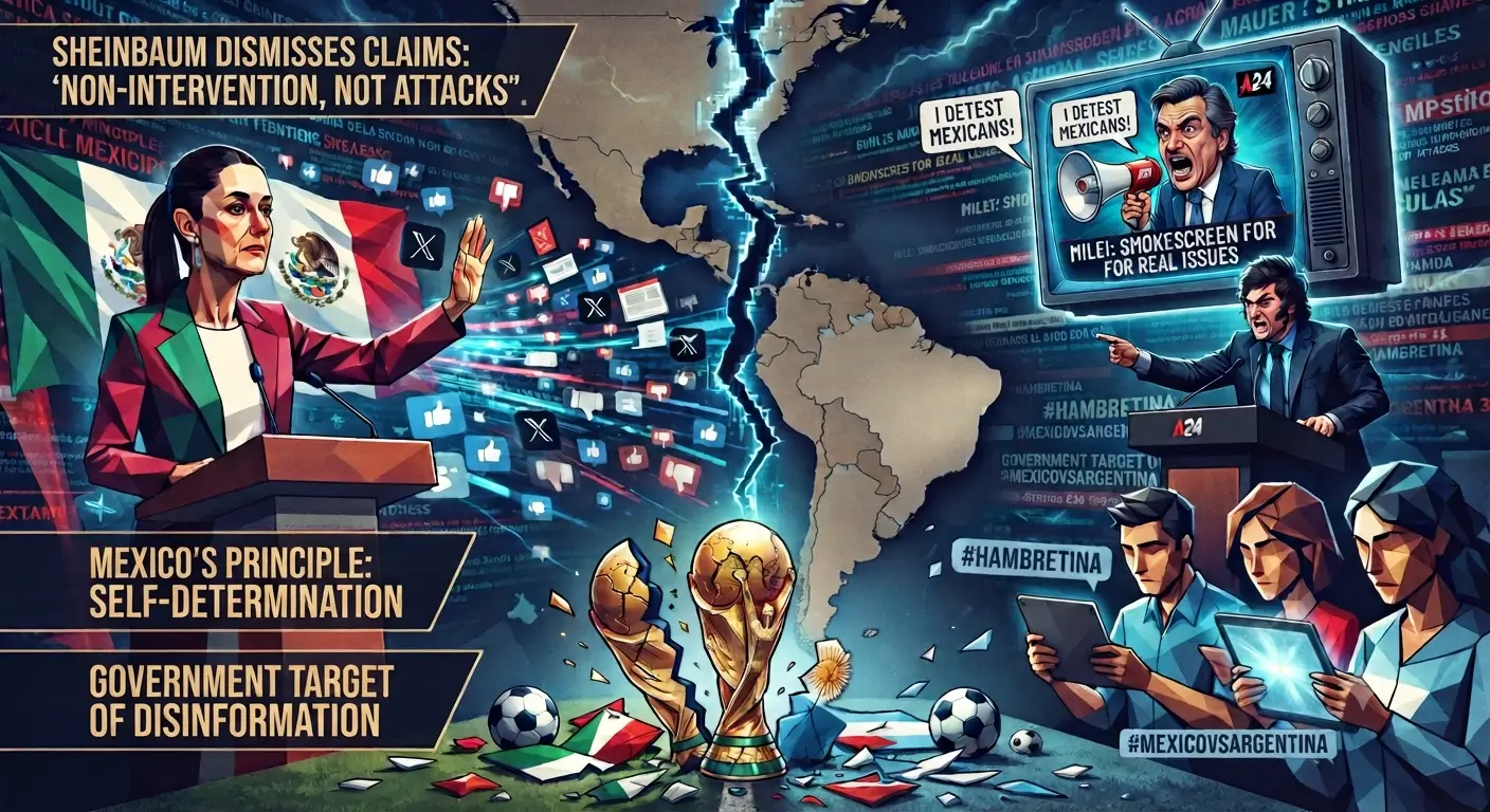 Political illustration of Claudia Sheinbaum and Javier Milei amid Mexico-Argentina disinformation dispute.