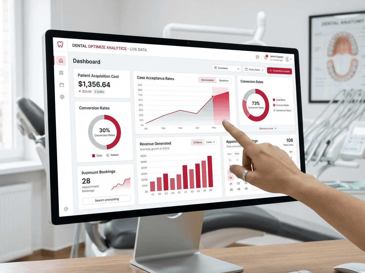 ROI dashboard for dental marketing showing KPIs like revenue, booked appointments, and conversion rate for 2026