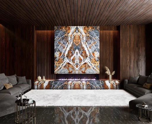 Salotto moderno con dettagli in marmo Blue Jeans, caratterizzato da sfumature blu-azzurre e venature bianche, arricchito da arredi contemporanei e un'atmosfera elegante.