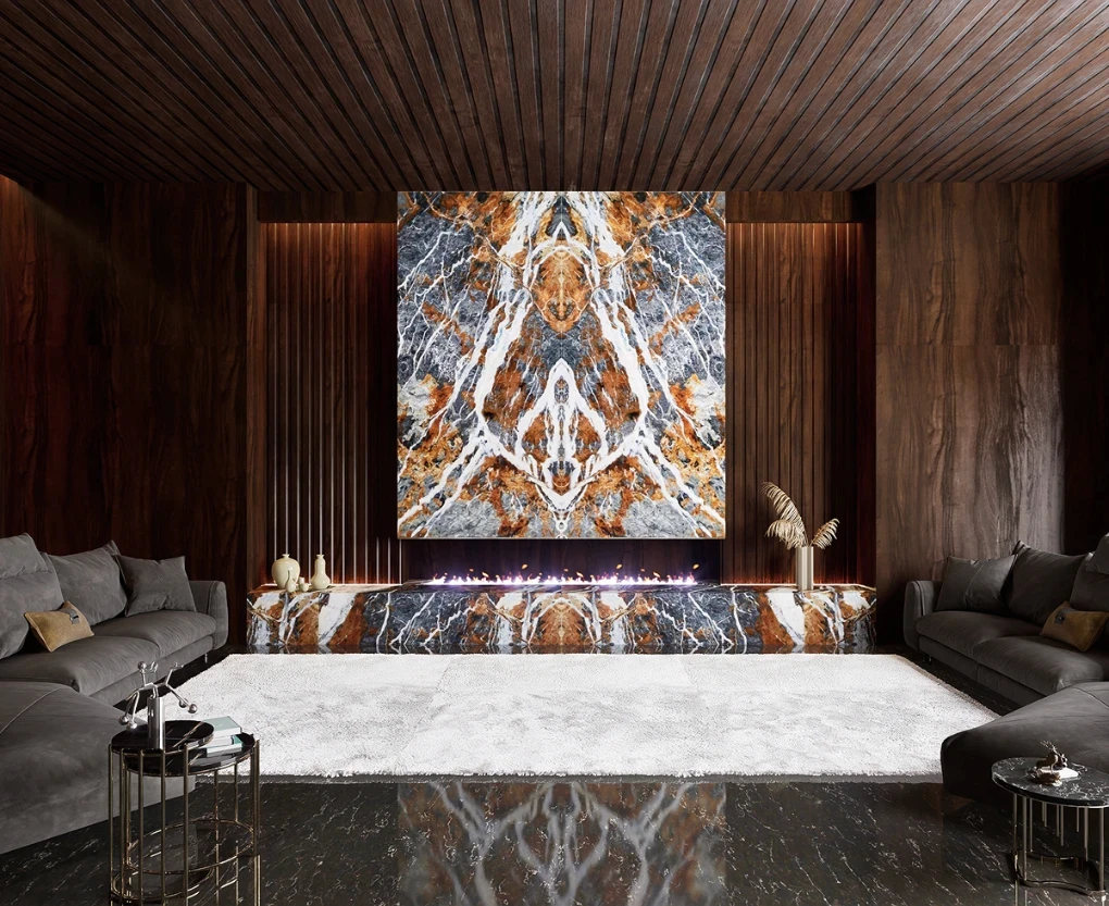 Salotto moderno con dettagli in marmo Blue Jeans, caratterizzato da sfumature blu-azzurre e venature bianche, arricchito da arredi contemporanei e un'atmosfera elegante.