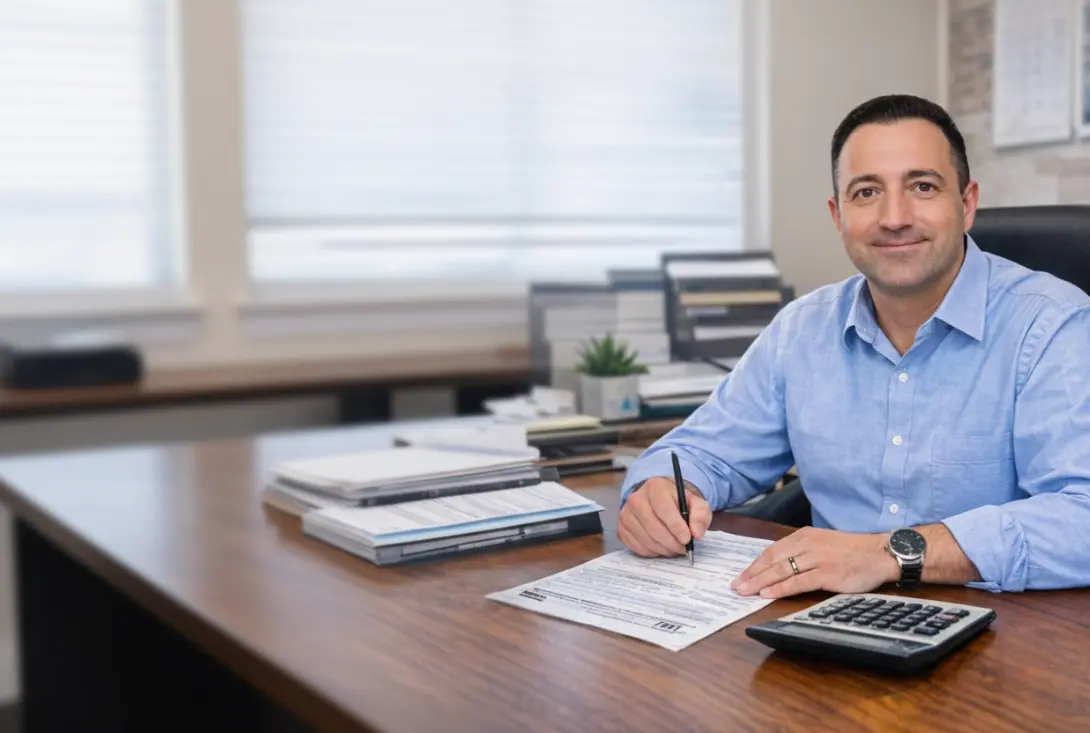 Man in blue shirt filling out tax forms at desk with calculator.