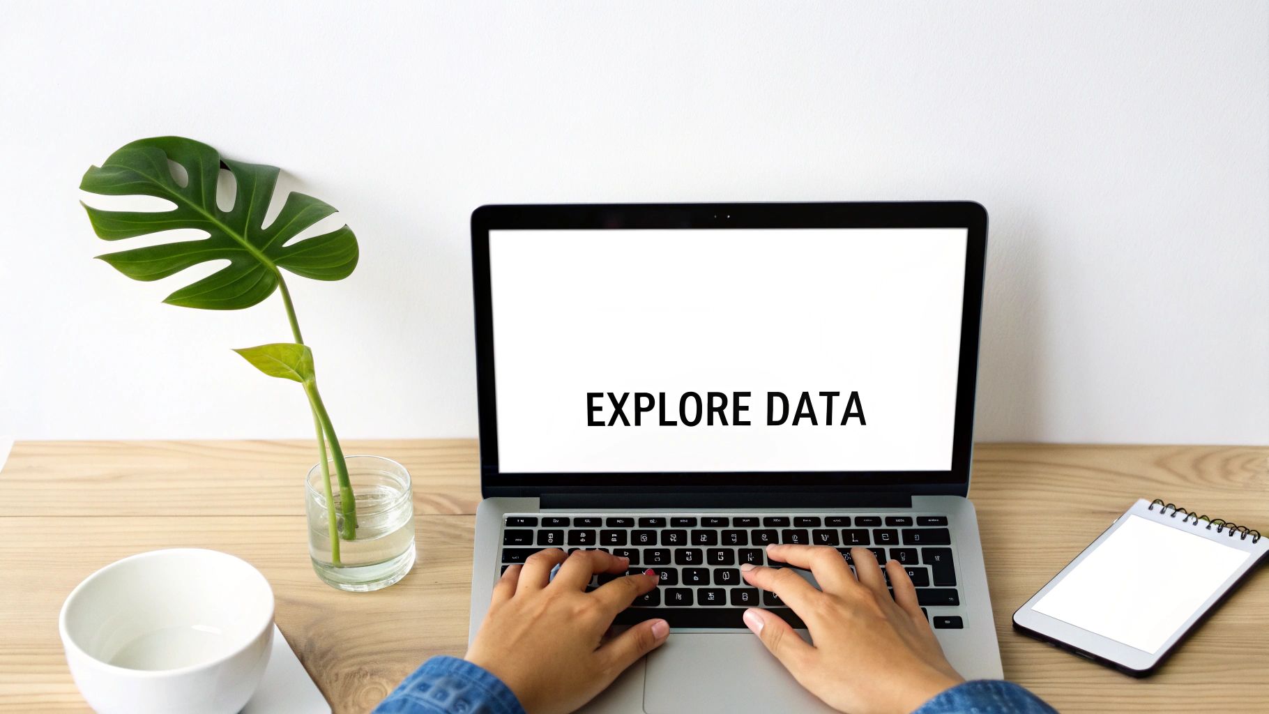 A person types on a laptop displaying 'EXPLORE DATA' on a desk with a plant and notepad.
