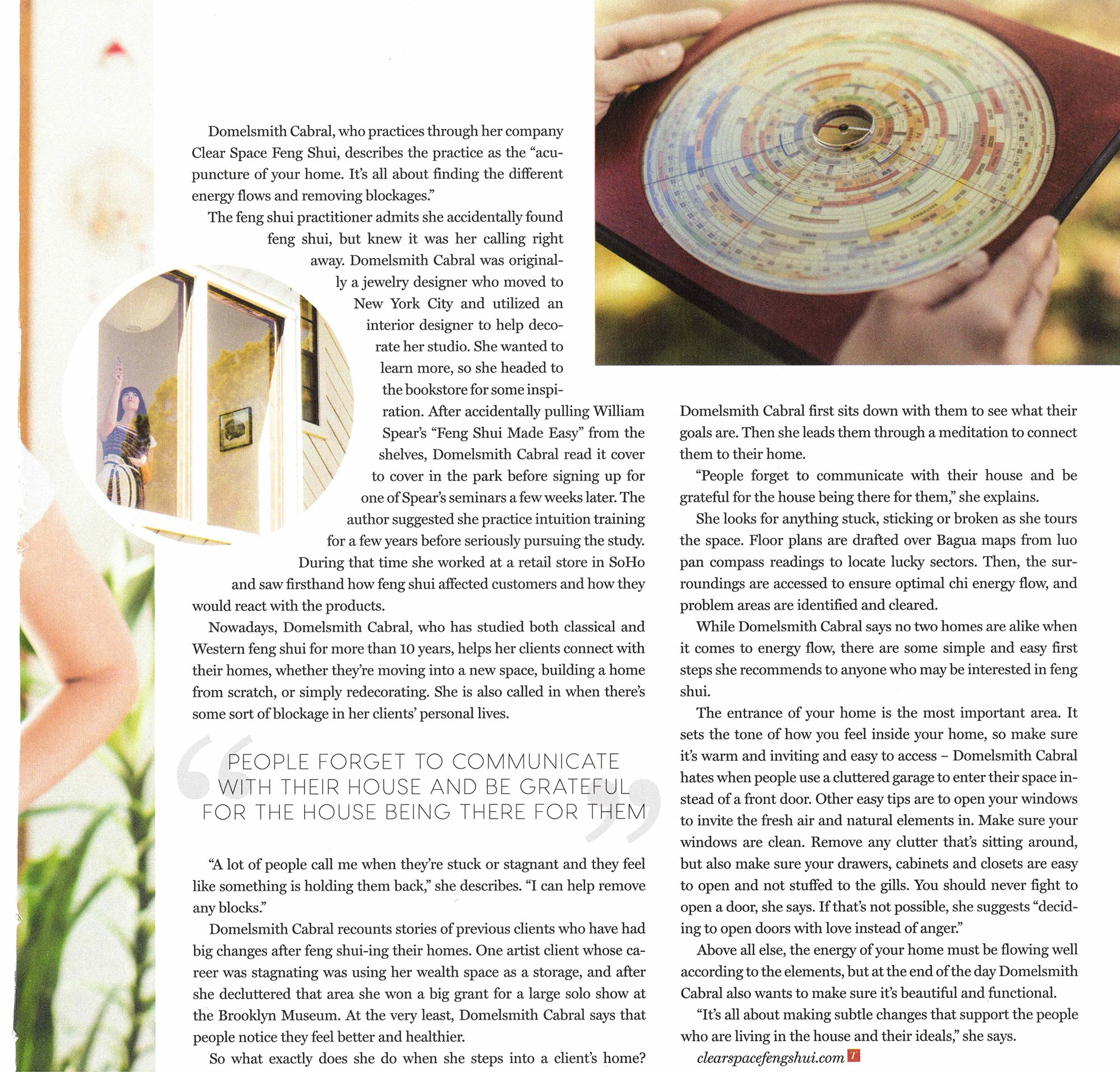 Tribeza article spread showing hands holding a feng shui compass