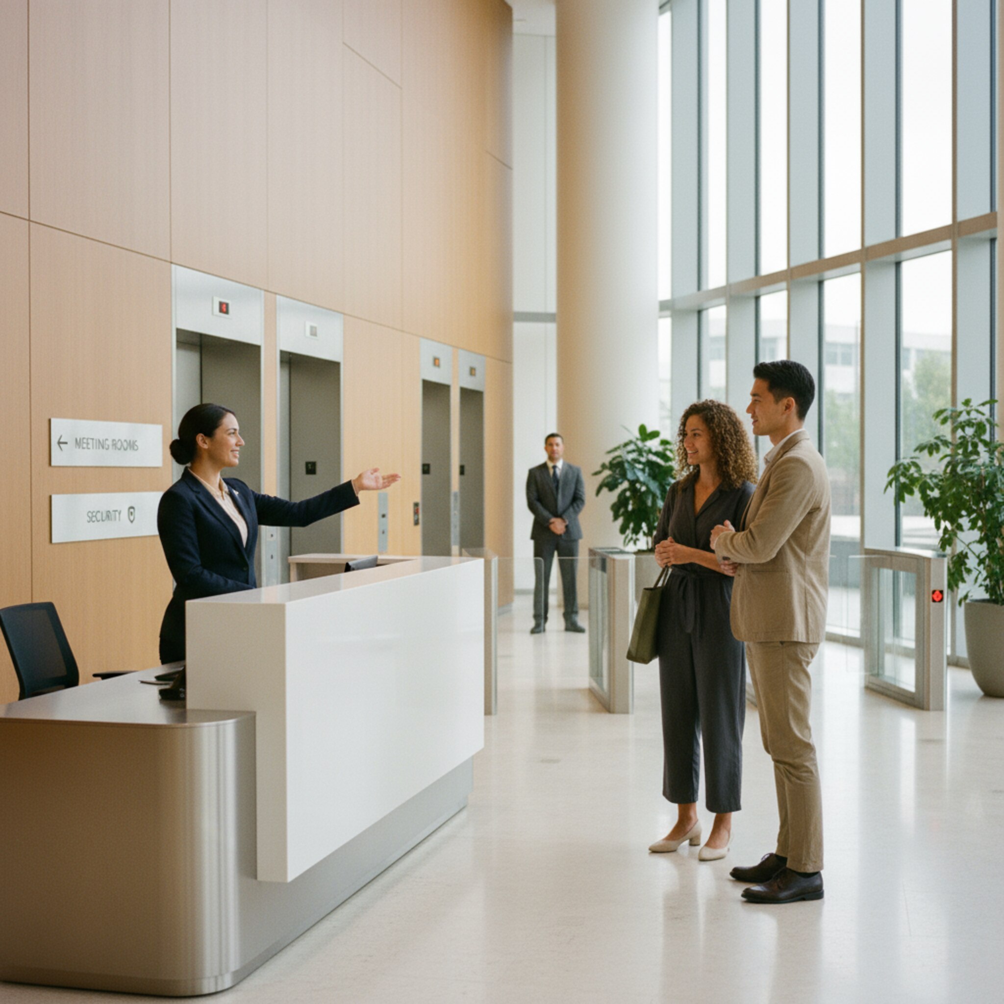 Am Empfang begrüßt eine Mitarbeiterin zwei Gäste und weist den Weg zu den Aufzügen. Dezente Schilder zeigen Besprechungsräume und Sicherheitsbereiche. Ein Drehkreuzbereich ist geöffnet, ein Sicherheitsmitarbeiter beobachtet diskret. Die Situation wirkt professionell, freundlich und reibungslos organisiert.
