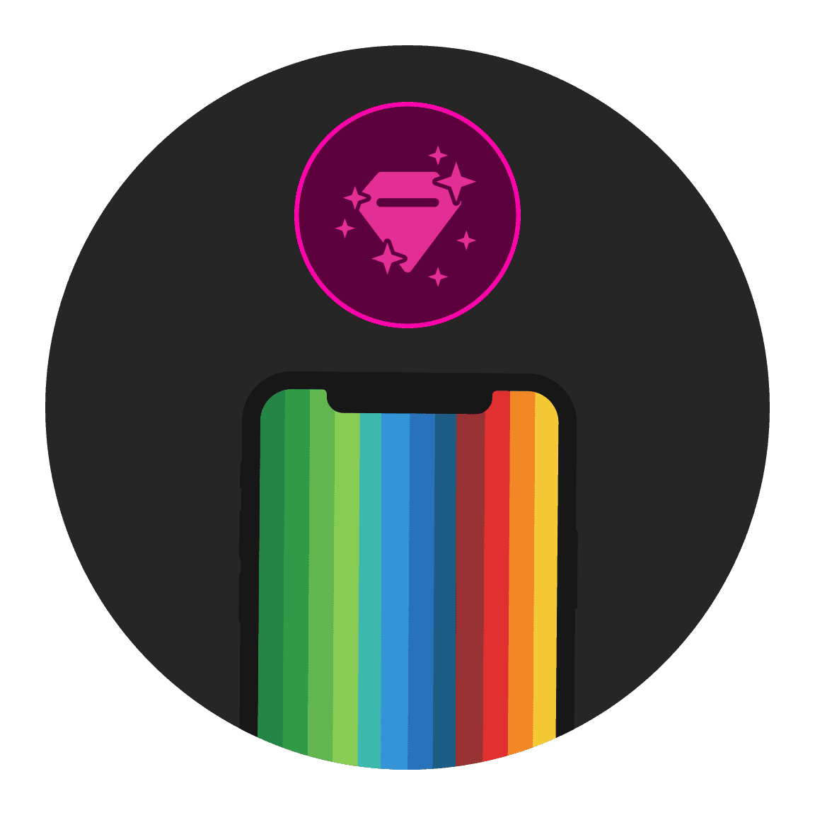 Gele hand die een telefoon vasthoudt waarop regenbooggekleurde bunq-kaarten te zien zijn met een roze icoontje erboven.