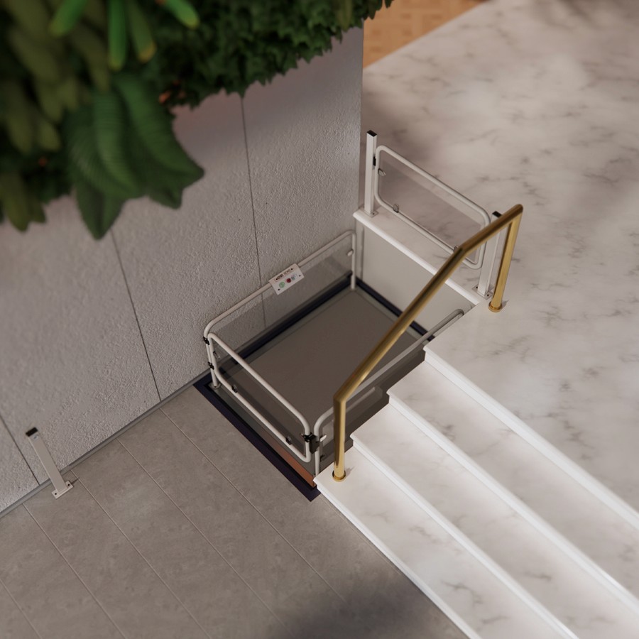 Open platform step lift installed at the base of marble entrance steps — white frame with brushed gold handrails, wall-mounted column drive, suitable for wheelchair and mobility aid access