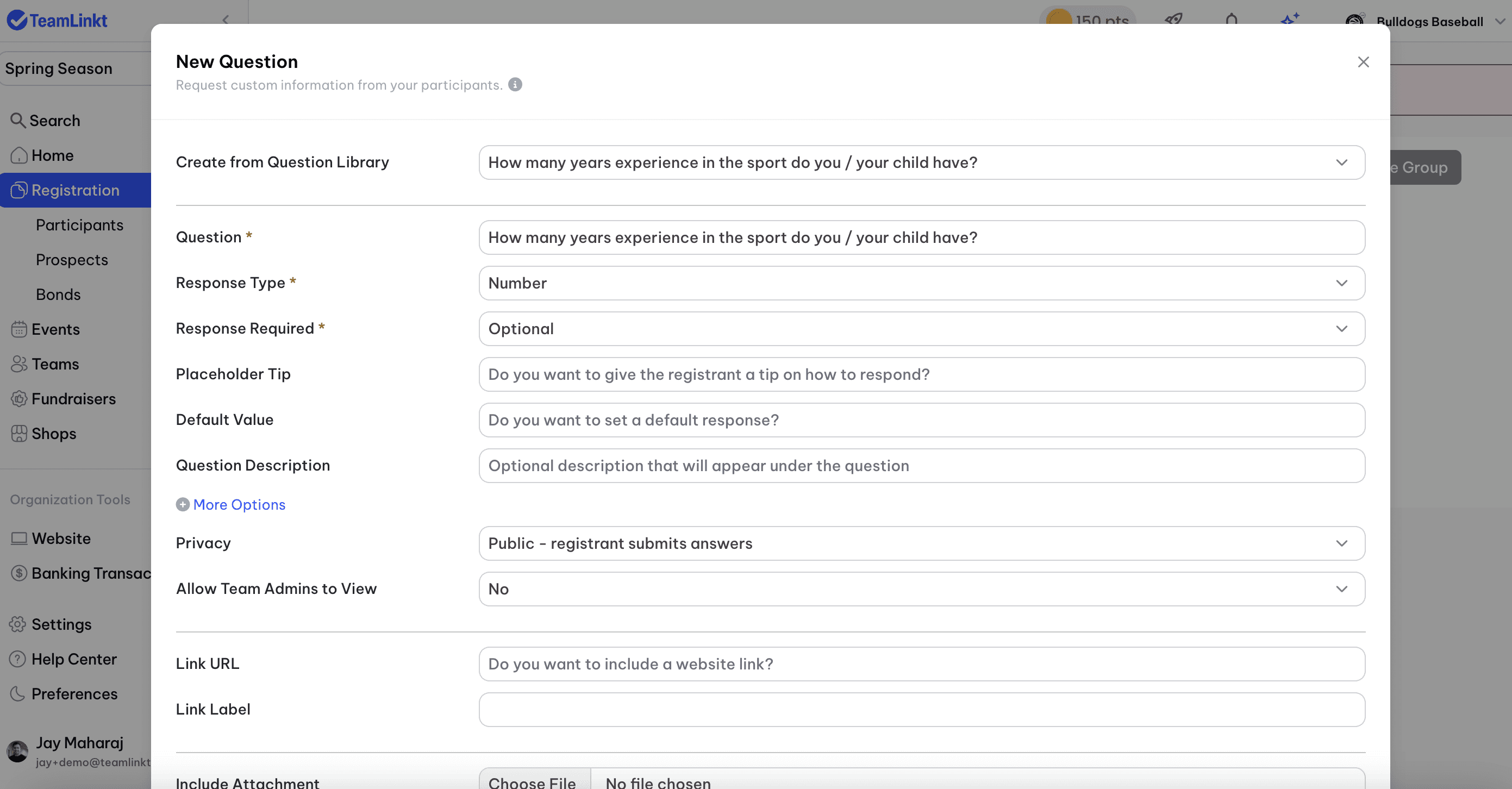 TeamLinkt's Custom Question's Tool in Registration Forms