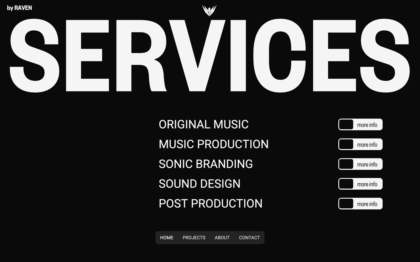 Black background with large white text: "SERVICES". Below, smaller text lists: "Original Music, Music Production, Sonic Branding, Sound...