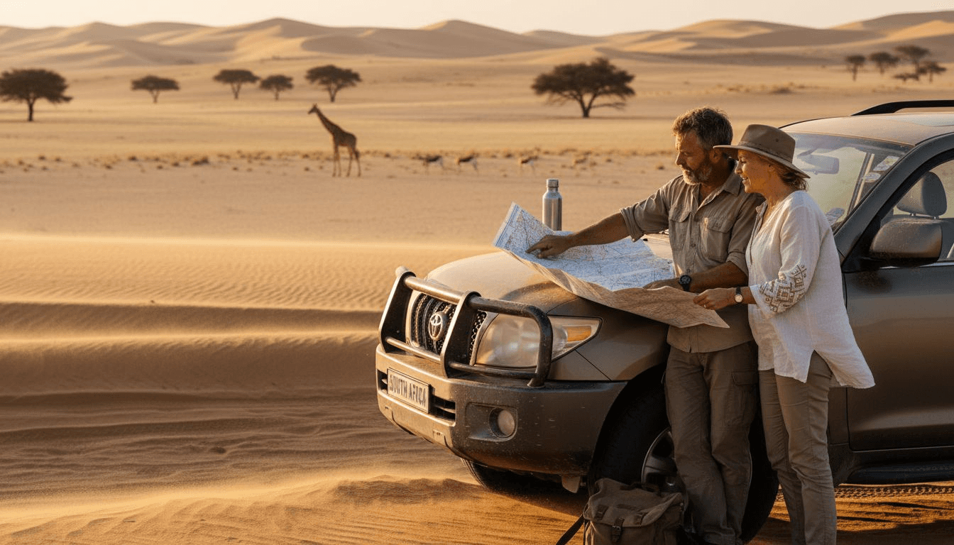 Couple planning luxury Namibia safari by 4x4 in desert landscape