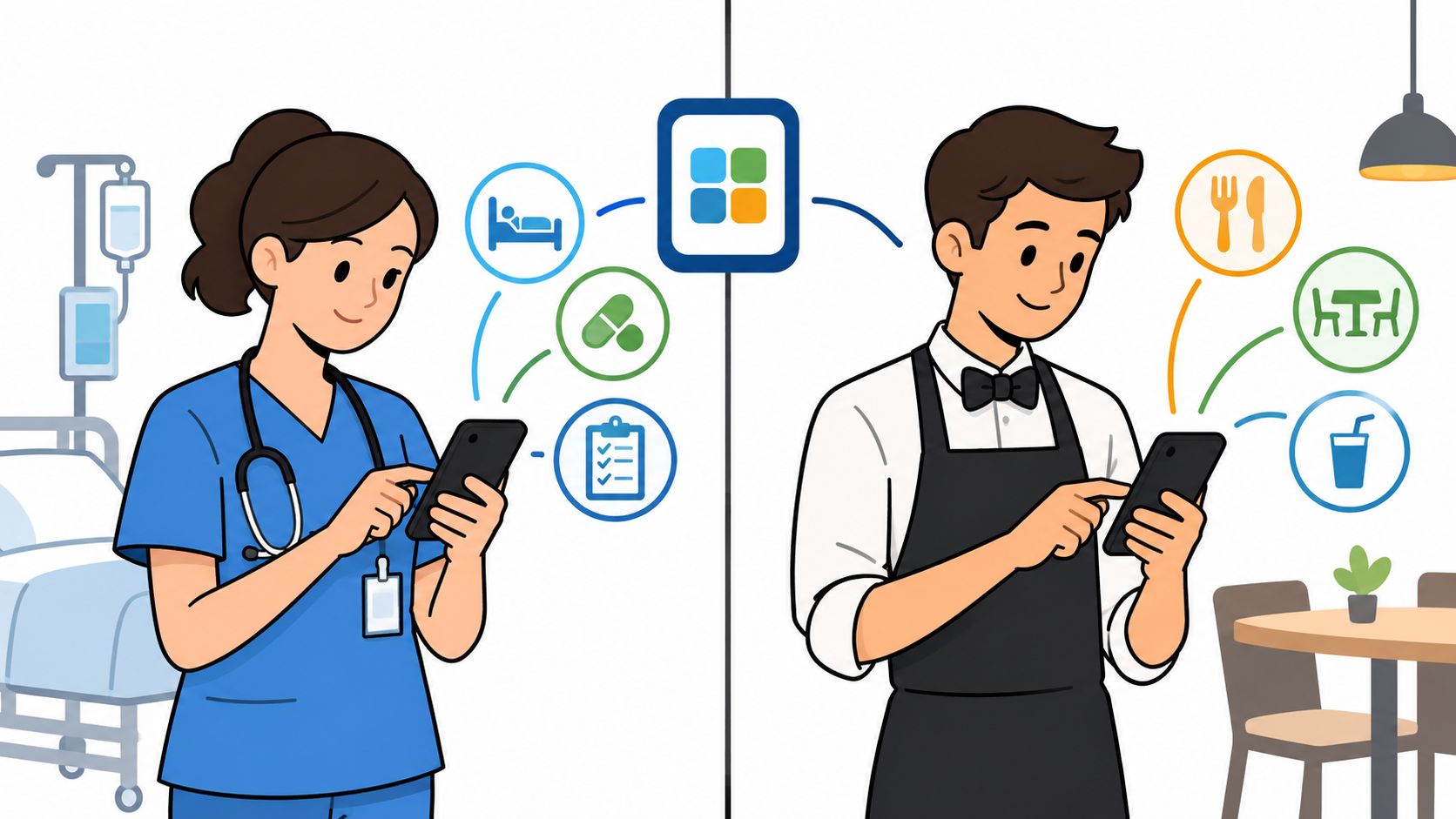 A nurse and a waiter using mobile phones to manage tasks via integrated software technology.