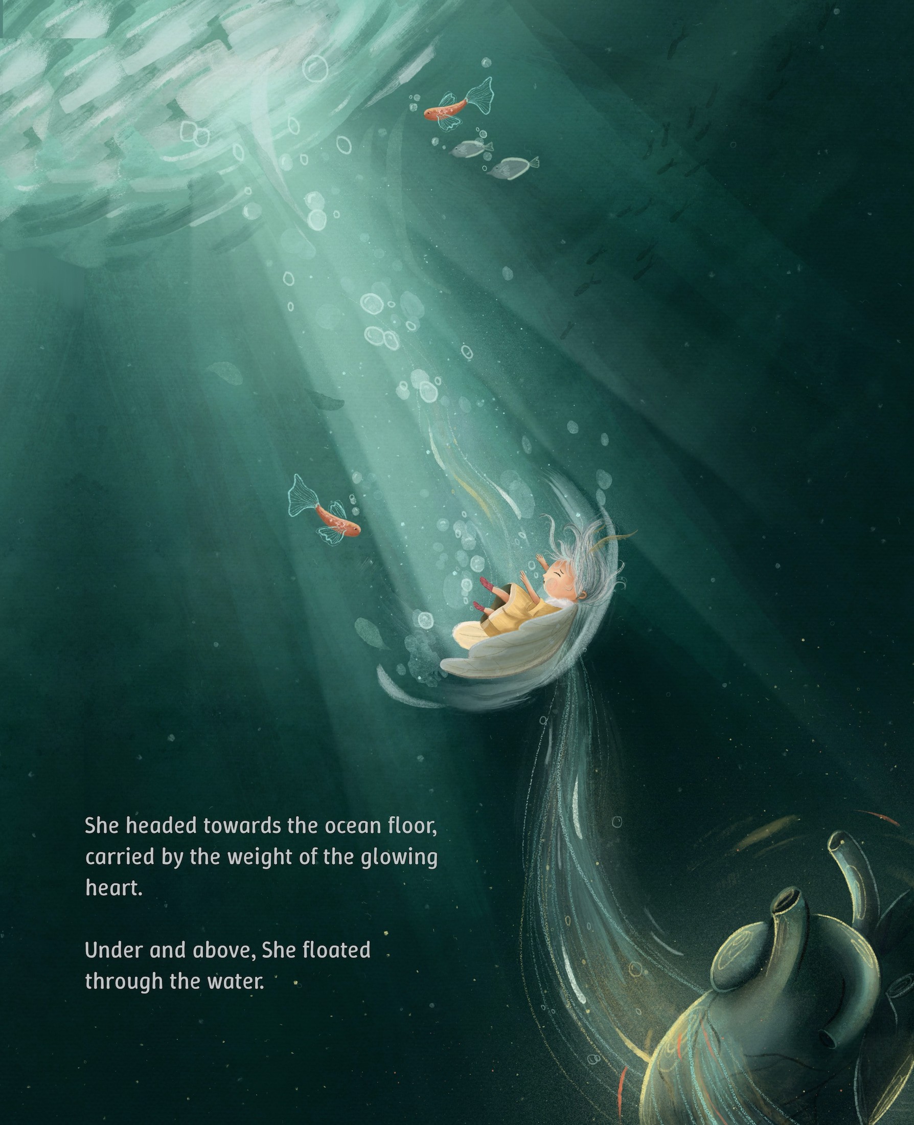 A moth fairy sinking into deep water under the weight of a glowing magical heart.