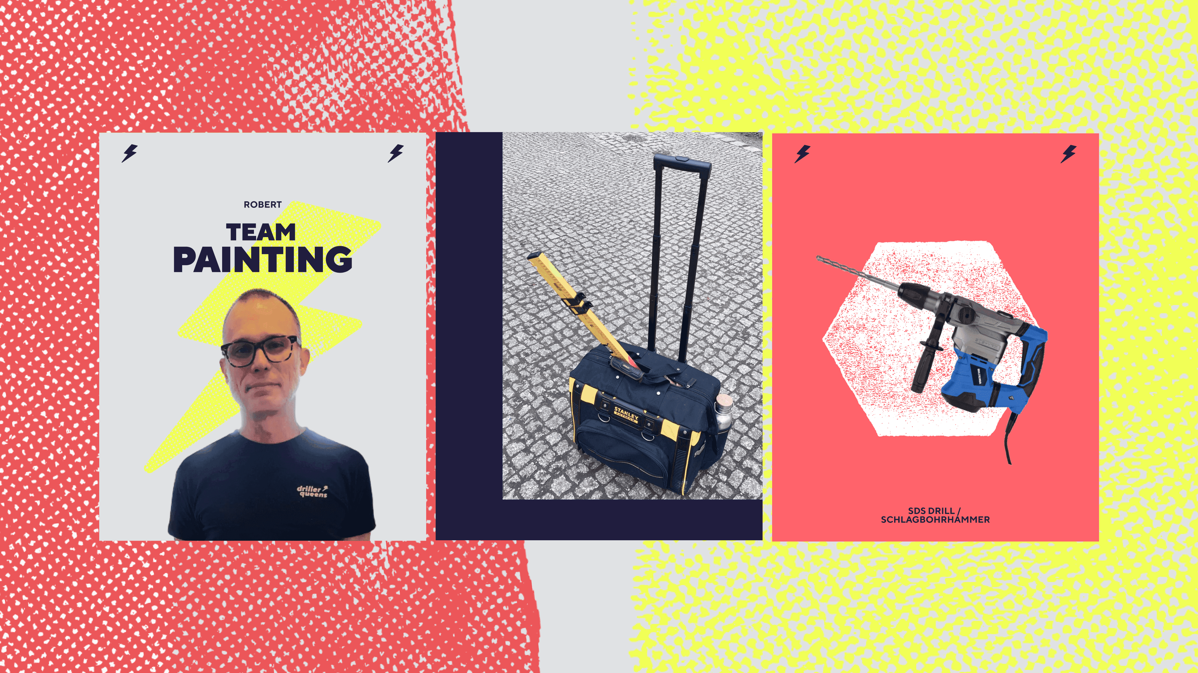 Three cards on red and yellow texture: team member portrait, tool trolley, blue hammer drill