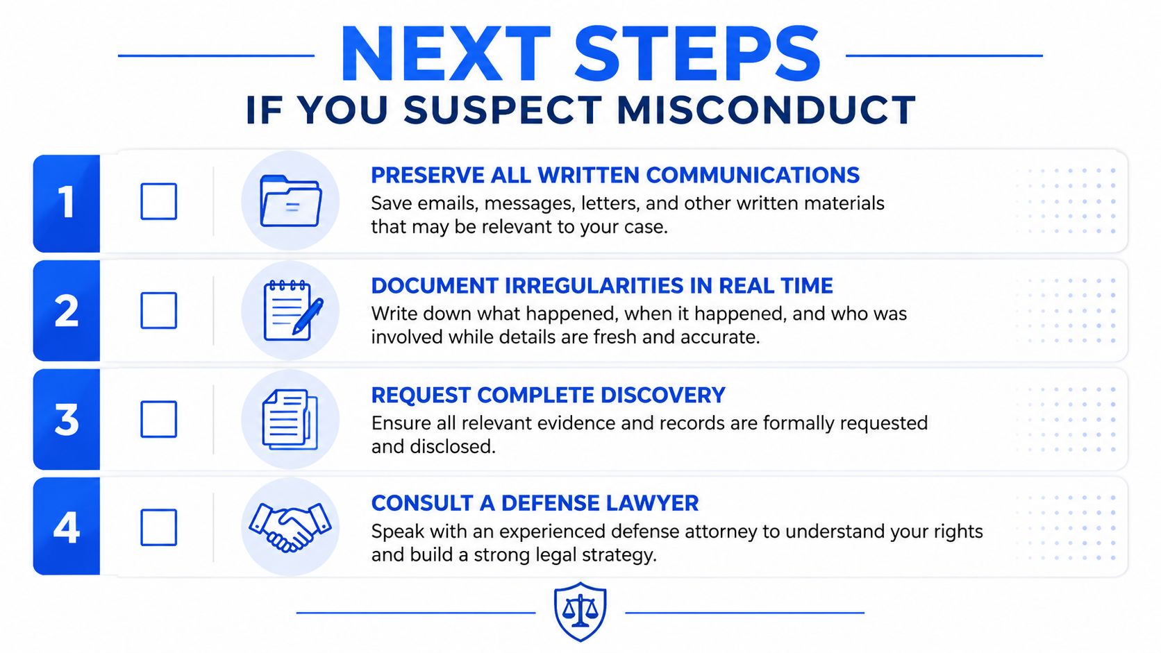A four-step guide for individuals who suspect prosecutorial misconduct, highlighting essential actions like preserving documents and consulting lawyers.