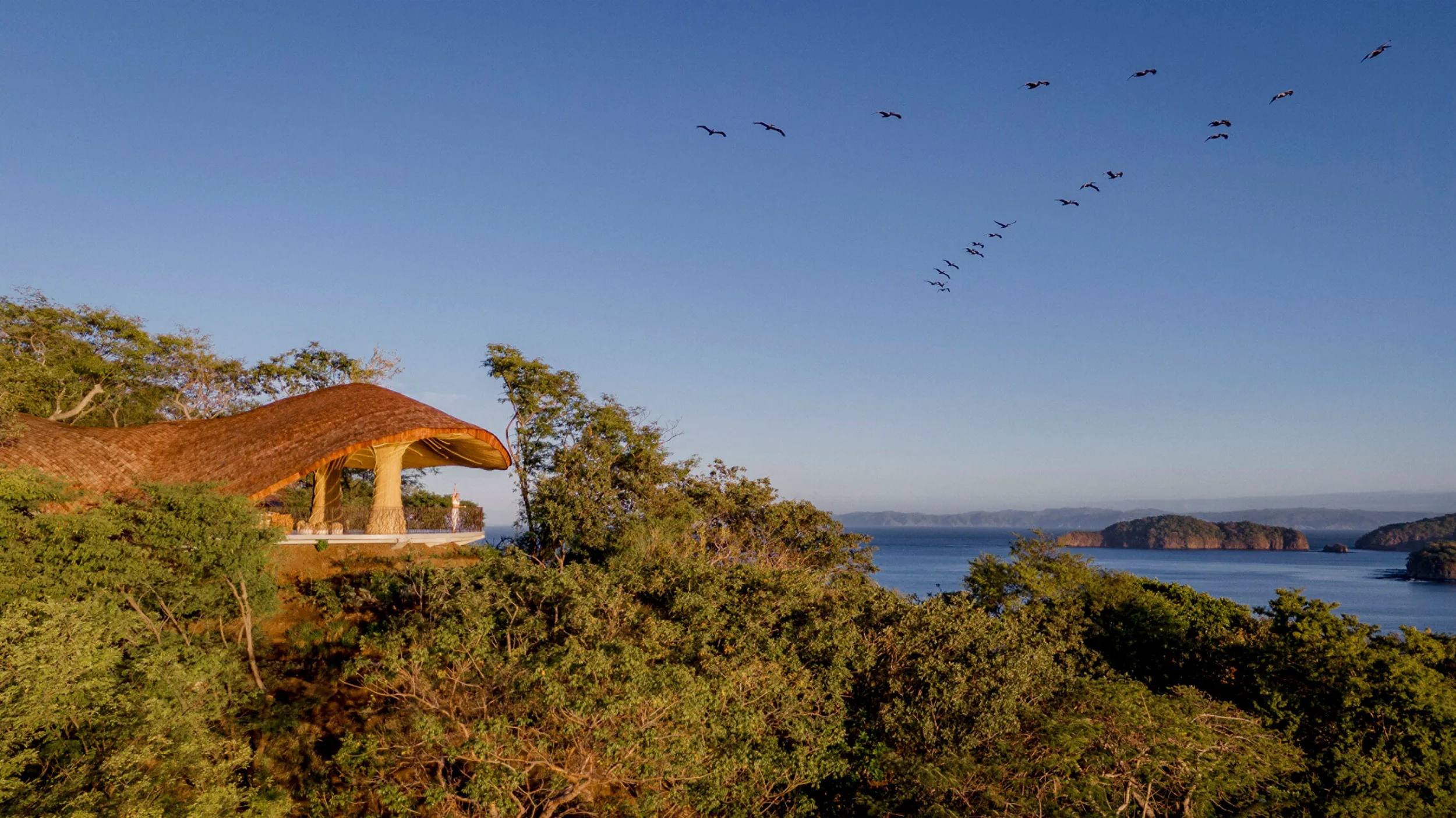 Aerial view of the Four Seasons bamboo yoga shala perched on a cliffside, overlooking the ocean with a flock of birds flying past the organic thatched roof structure.