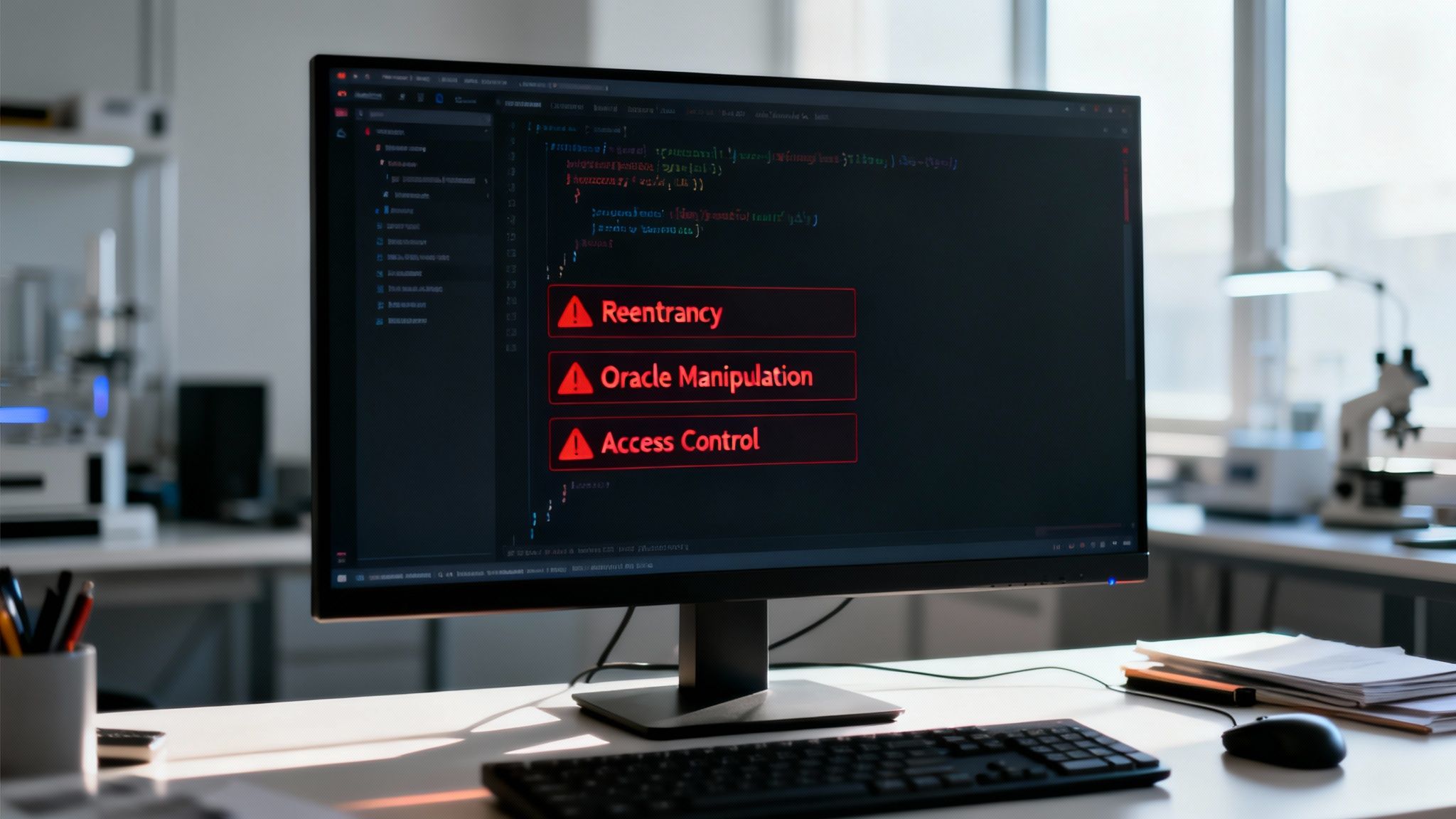 A computer monitor displays code with smart contract vulnerability alerts for reentrancy, oracle manipulation, and access control.
