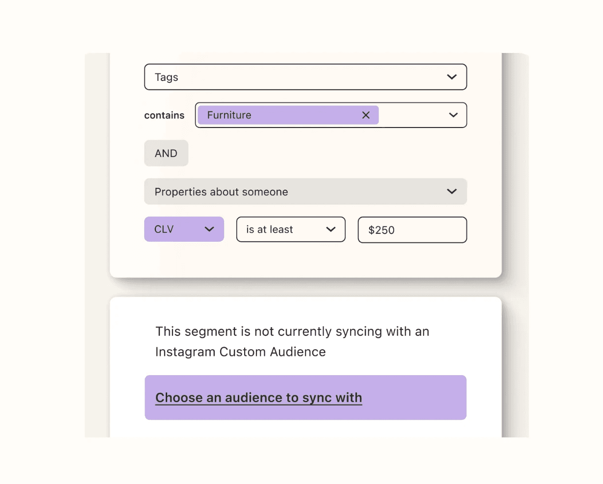 Screenshot of the Meta Ads Klaviyo integration settings, detailing a snippet of customisable fields including conditional logic, tags, profile properties dropdown and CLV settings.