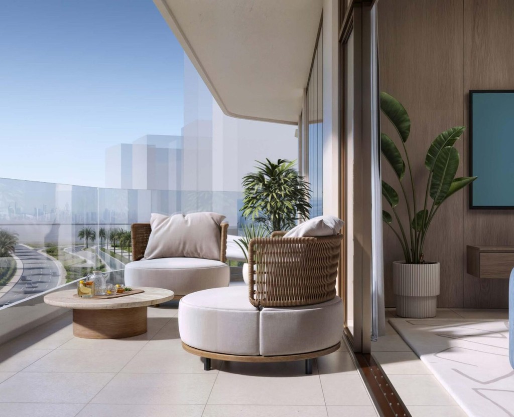 Contemporary living room in Flora Shore Beachfront Residences, showcasing a stunning view of the city.