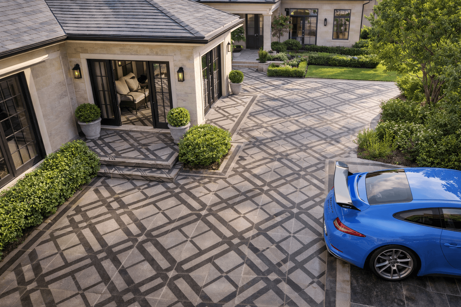 Burb stone paving applied in residential exterior with structured linear pattern and landscape integration