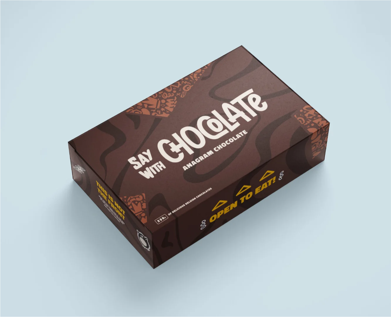 Bespoke chocolate box packaging design by Subiaco graphic designer Andrew Salfinger, featuring 3D product mockups with custom illustrations and premium branding for Say with Chocolate.
