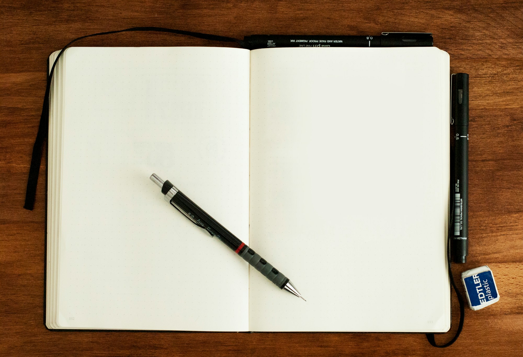 A pen resting on an open blank notebook