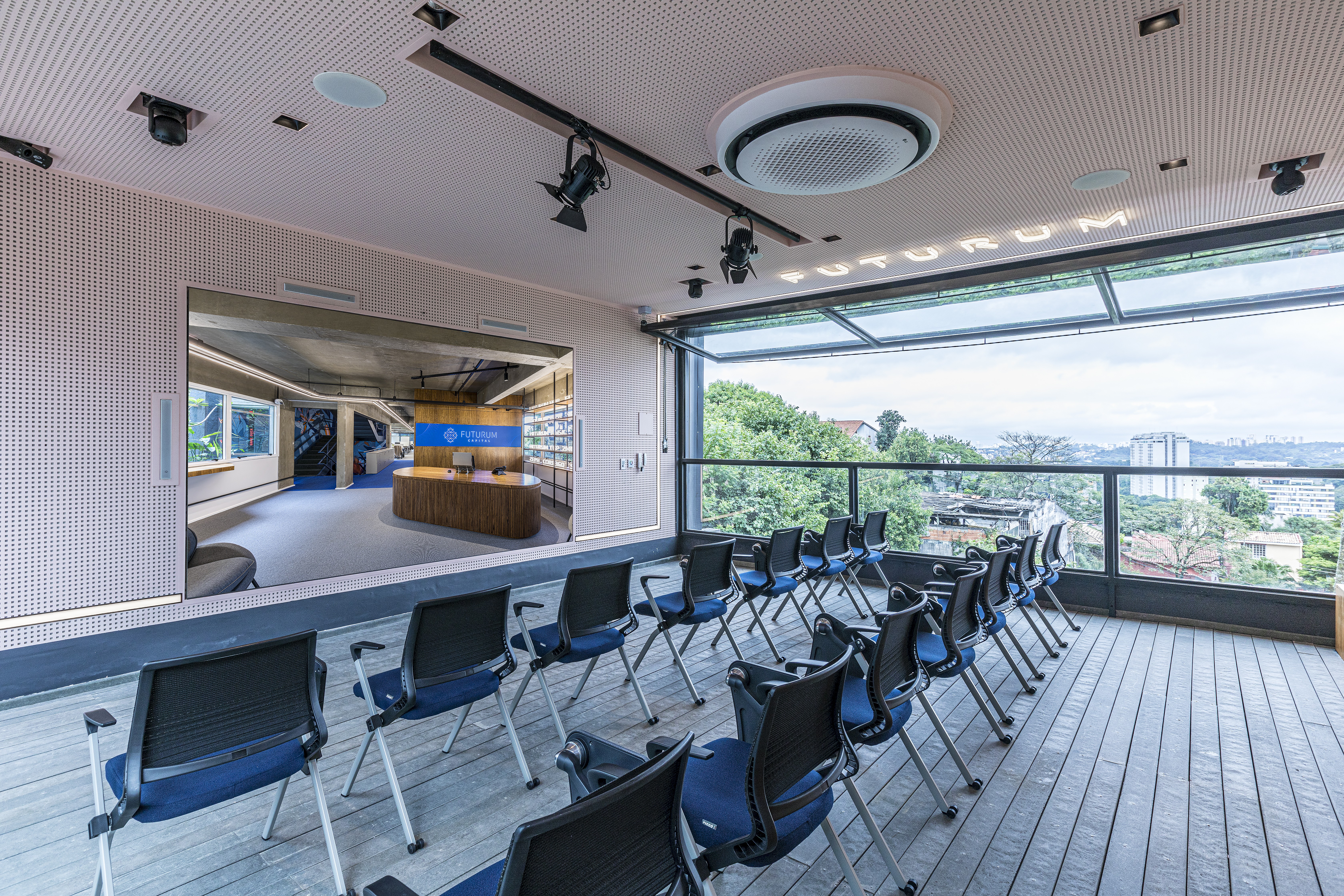 Free Framer Template - Modern restaurant interior with wooden accents, large windows, and cozy seating arrangements. Warm lighting creates ambiance.