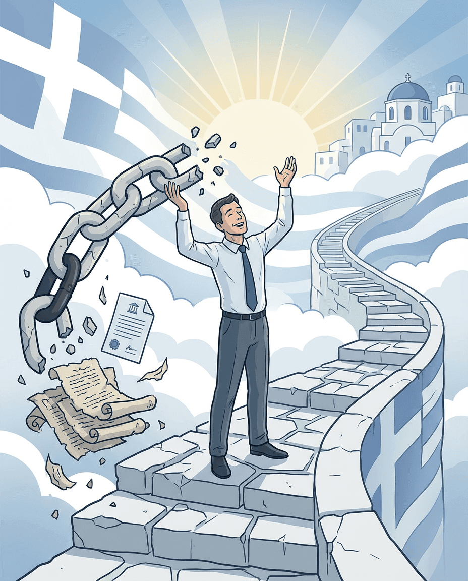 Conceptual illustration of financial relief after bankruptcy in Greece.